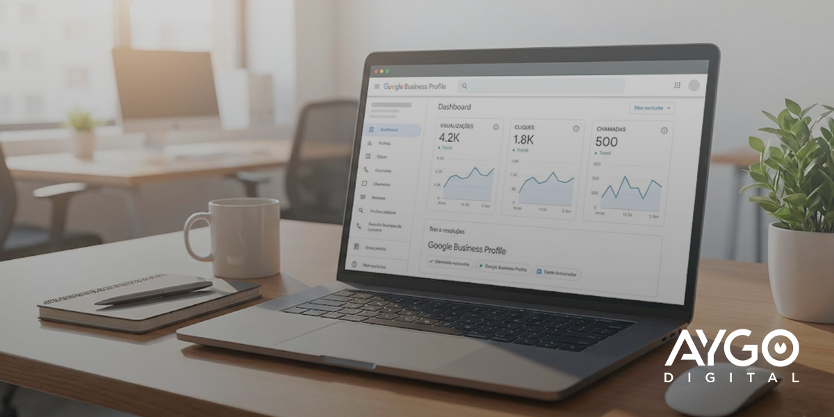 Google Meu Negócio como funciona no painel de gerenciamento exibido em um notebook, mostrando métricas de visualizações, cliques e chamadas.