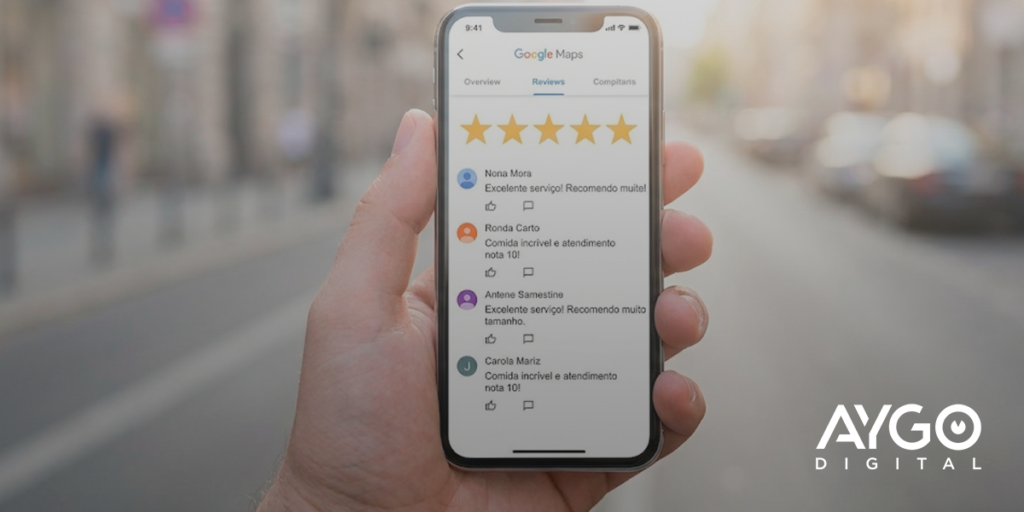 Google Meu Negócio como funciona ao exibir avaliações de empresas locais no Google Maps em um smartphone, destacando reputação e prova social.