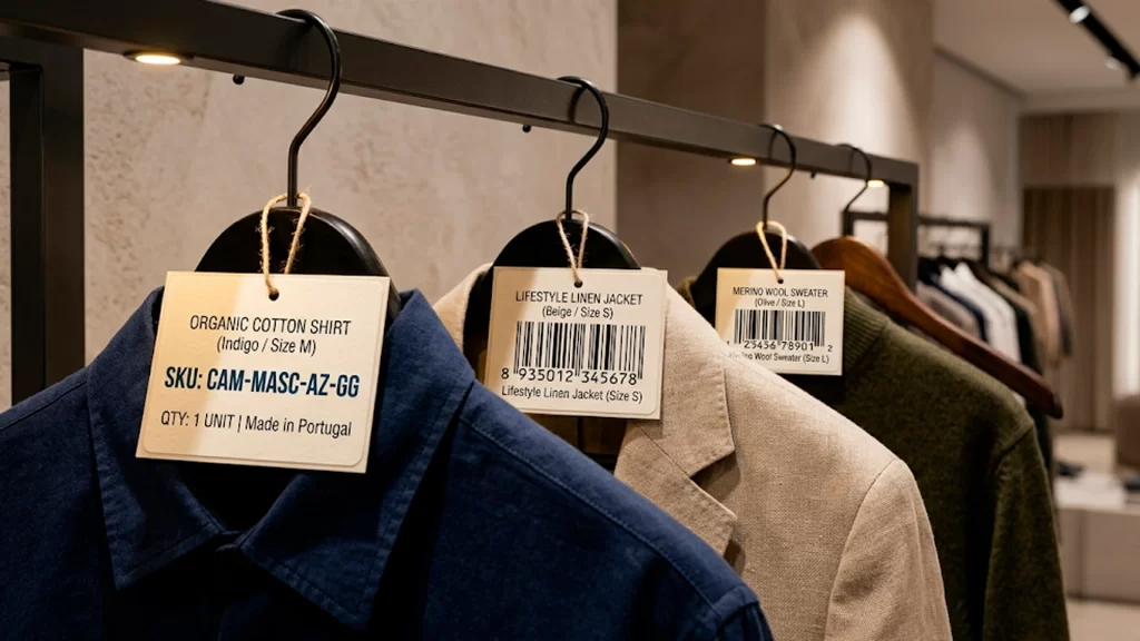 Como criar SKU para loja de roupas: araras organizadas com etiquetas de código em peças de vestuário