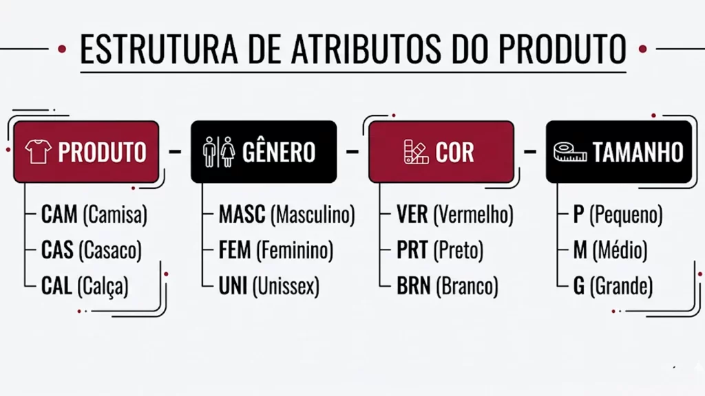 Estrutura de SKU para loja de roupas: blocos de produto, gênero, cor e tamanho com exemplos por categoria
