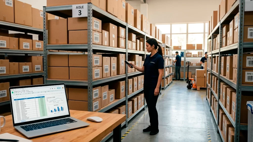 Como organizar estoque com SKU: prateleiras organizadas com etiquetas de código em pequena empresa