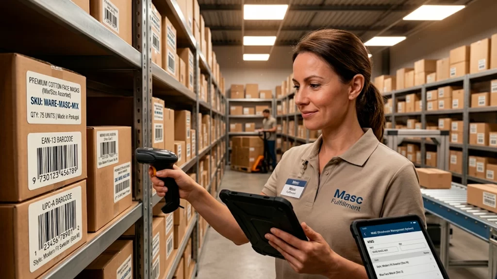 Gestão de estoque para e-commerce: operador conferindo produtos com tablet em galpão organizado