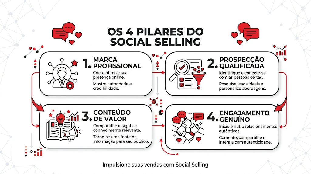Infográfico que explica o que é social selling em 4 passos: Marca, Prospecção, Conteúdo e Engajamento Genuíno.