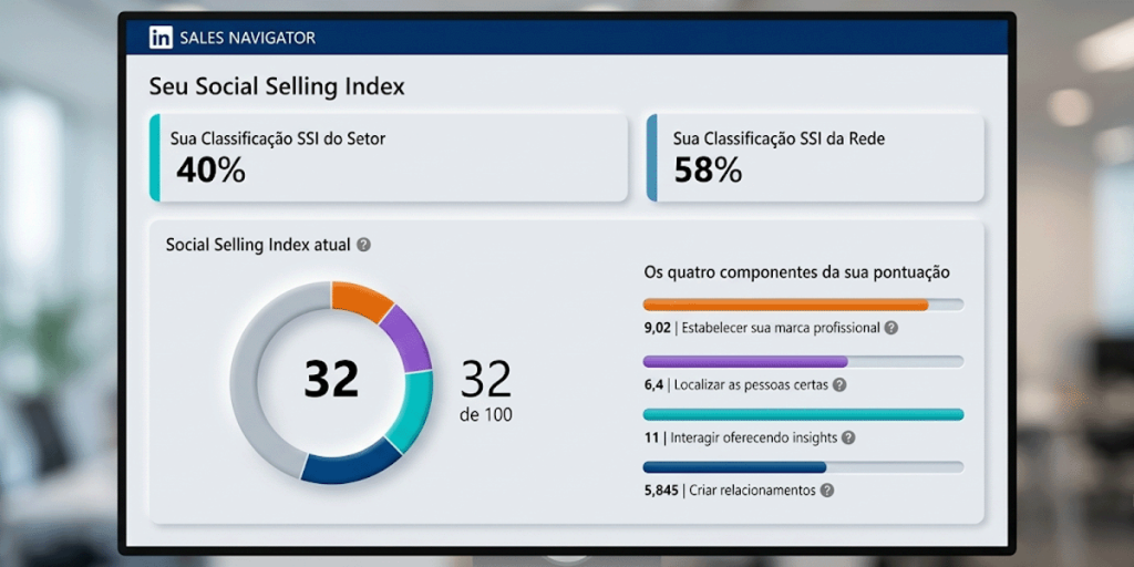 tela do LinkedIn Social Selling Index mostrando pontuação por pilar e comparação com a indústria
