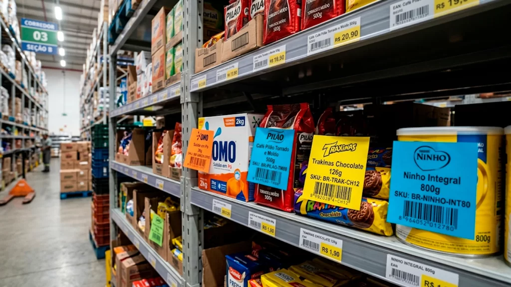 O que é SKU, exemplo visual de produtos etiquetados com código SKU em estoque organizado