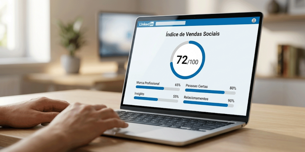 Laptop exibe painel com pontuação 72 de 100 no Social Selling Index, destacando métricas de marca profissional e relacionamentos.