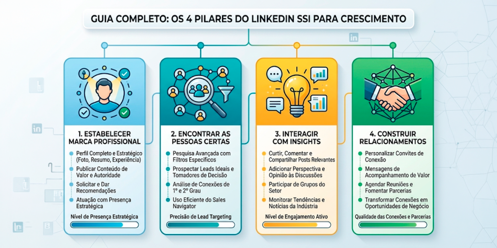 diagrama dos 4 pilares do SSI LinkedIn: marca profissional, pessoas certas, insights e relacionamentos